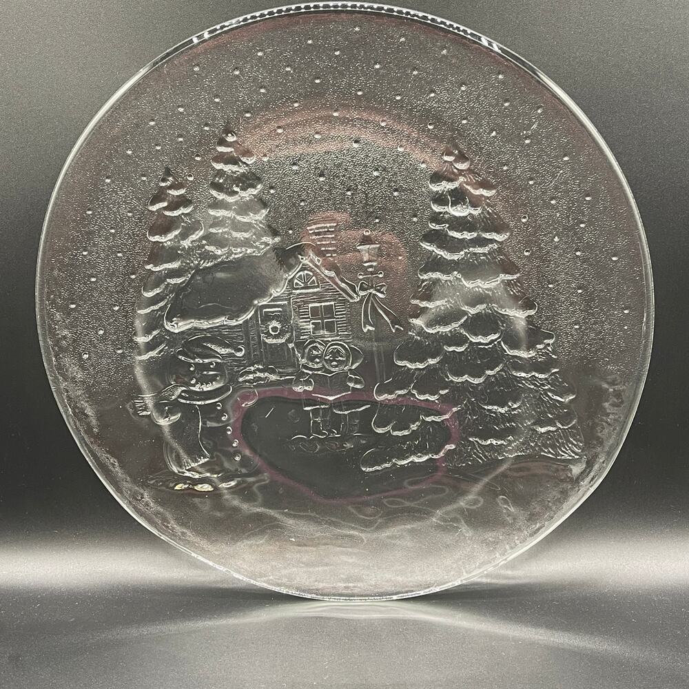 Libbey Snowman Christmas Carolers Trees - Glass Christmas 13" Platter